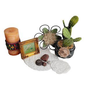 10 Piece Curated Green & Gold Boho Home Decor Bundle | Cactus Candle Frame Doily